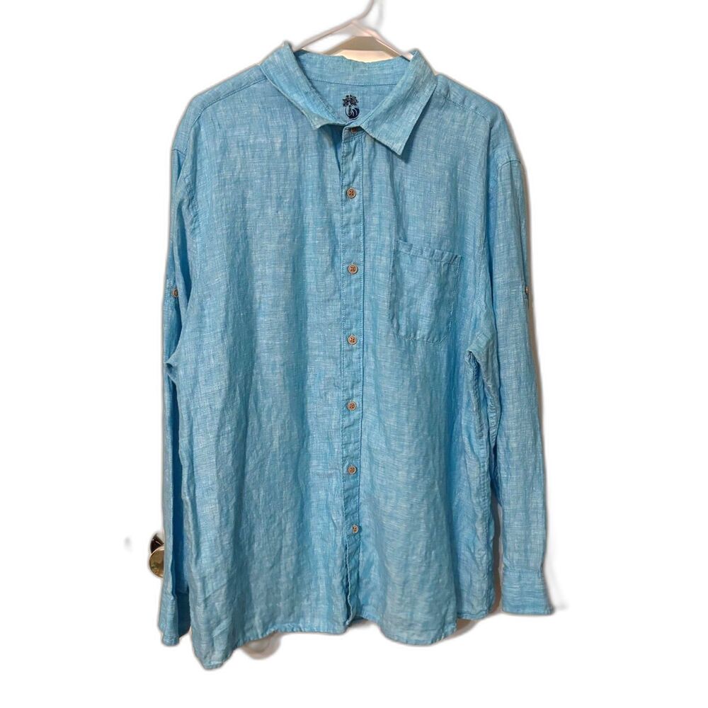 Ocean & Coast 100% Linen Shirt XL Aqua Blue Button Down Beach Resort Coastal